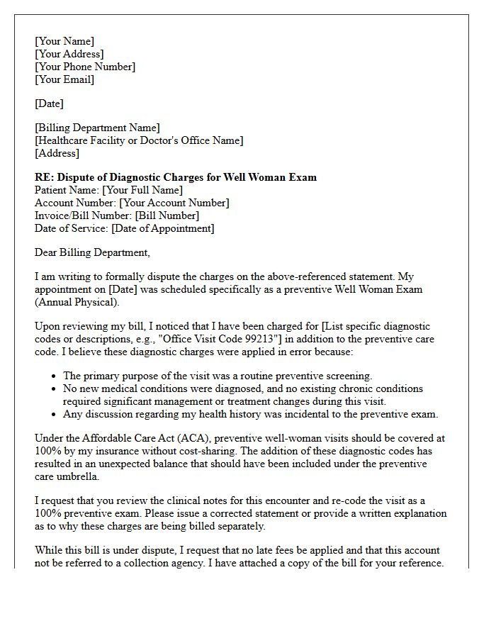 Well Woman Exam Billing Dispute Letter For Diagnostic Charges