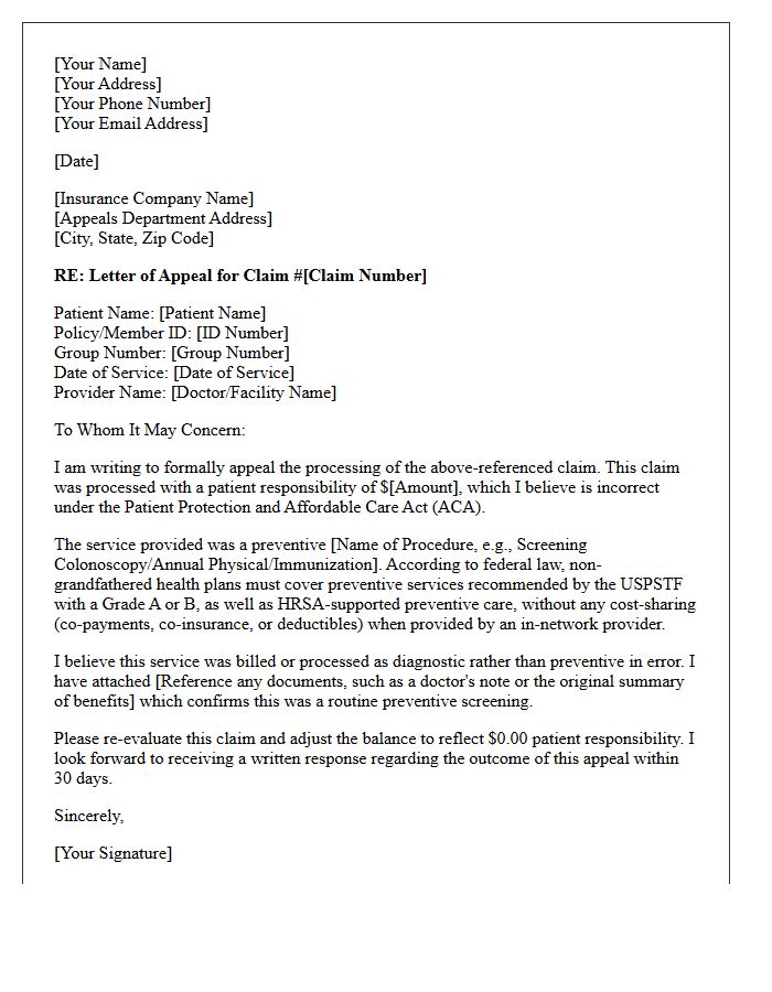 Letter Of Appeal For Covered Preventive Care Billed Incorrectly