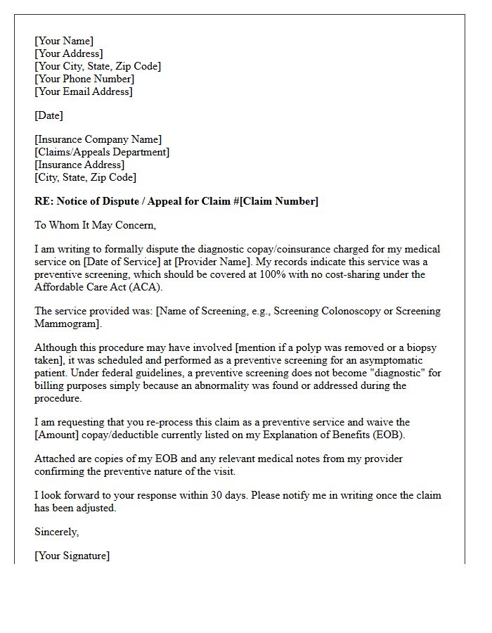 Patient Letter Disputing Diagnostic Copay For Preventive Screening