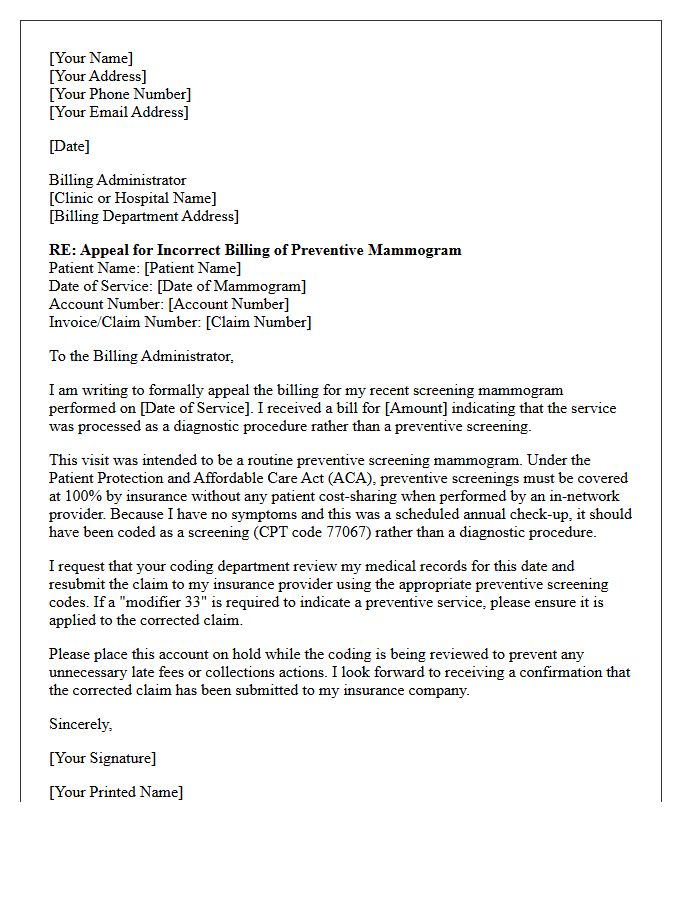 Preventive Mammogram Coding Appeal Letter To Billing Administrator