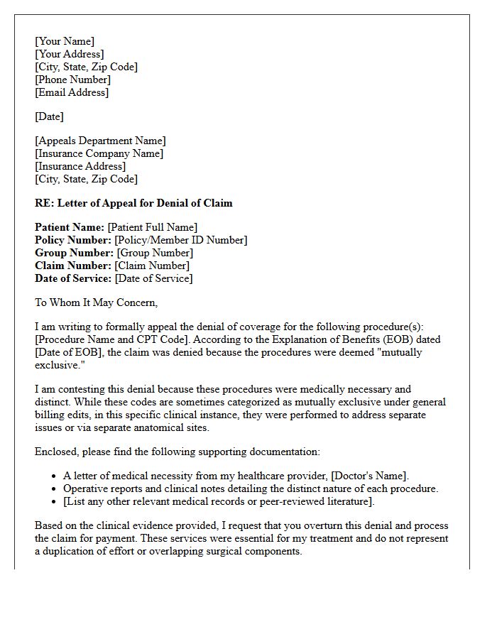Initial Appeal Letter for Mutually Exclusive Procedure Denial