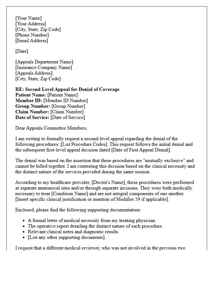 Second Level Appeal Letter for Mutually Exclusive Procedure Denial
