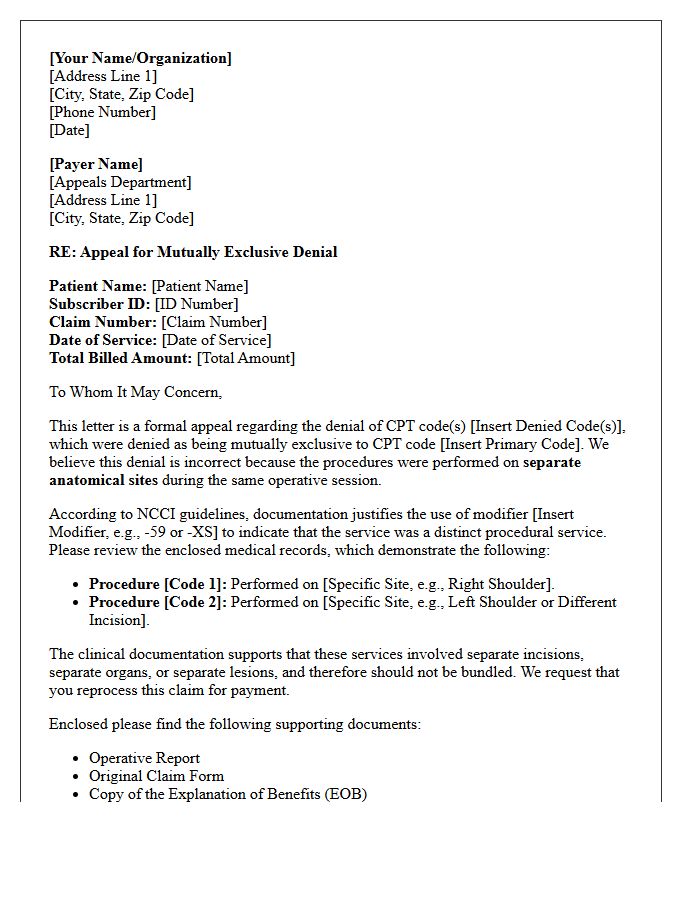 Separate Anatomical Site Appeal Letter for Mutually Exclusive Denial