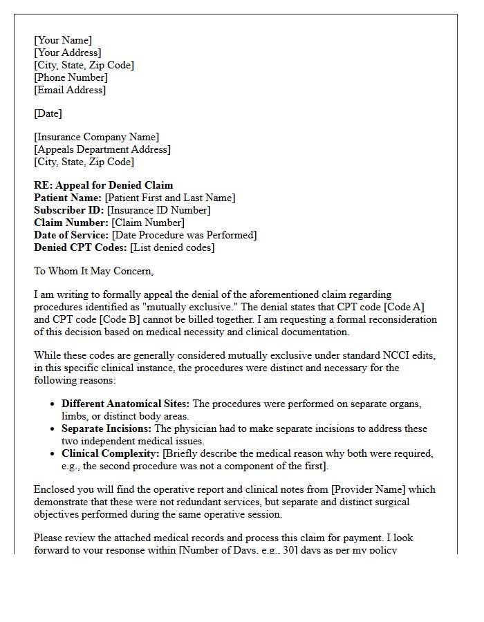 Medical Necessity Appeal Letter for Mutually Exclusive Procedures