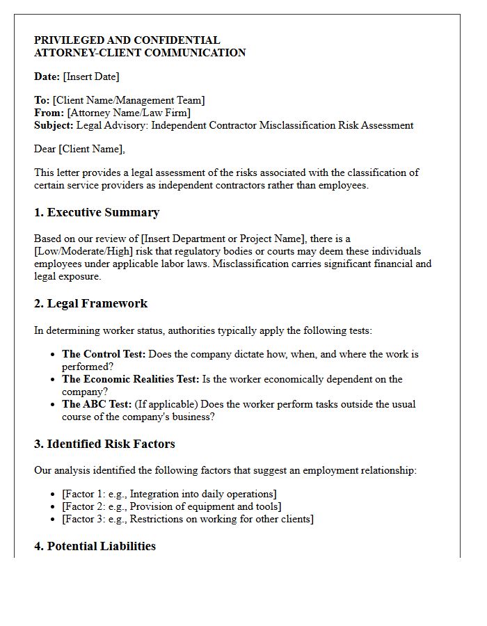 Legal Advisory Letter on Independent Contractor Misclassification Risk
