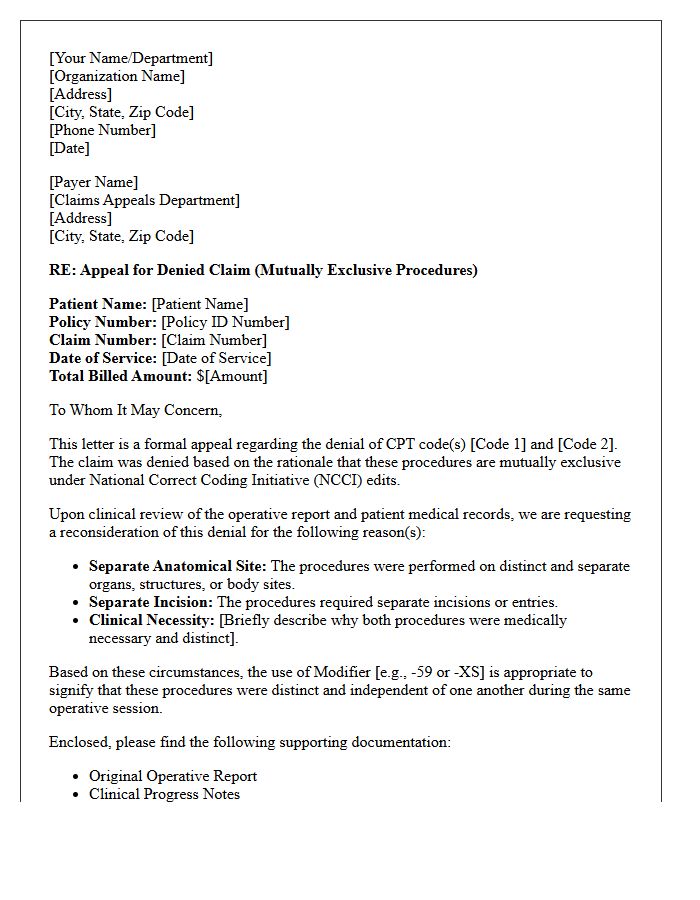Coding Resubmission Appeal Letter for Mutually Exclusive Procedures