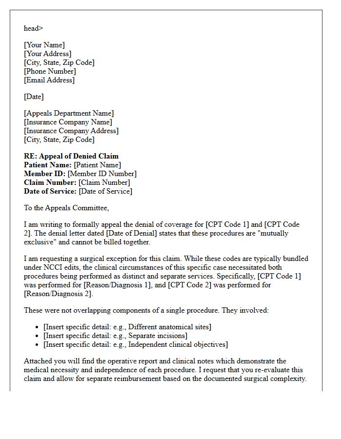 Surgical Exception Appeal Letter for Mutually Exclusive Denial