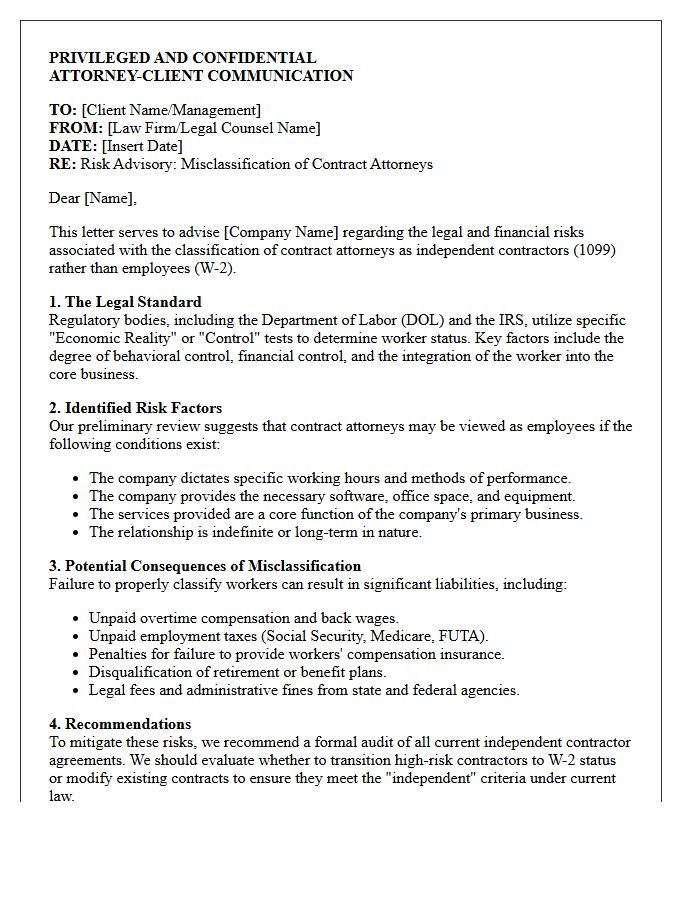 Contract Attorney Misclassification Risk Advisory Letter