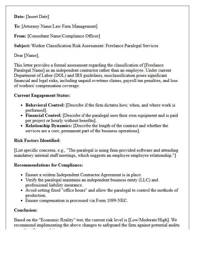 Freelance Paralegal Misclassification Risk Assessment Letter