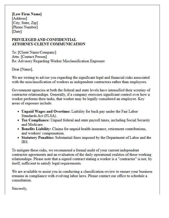 Law Firm Client Advisory Letter for Worker Misclassification Exposure