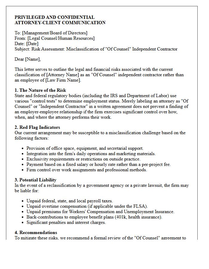 Of Counsel Independent Contractor Misclassification Risk Letter