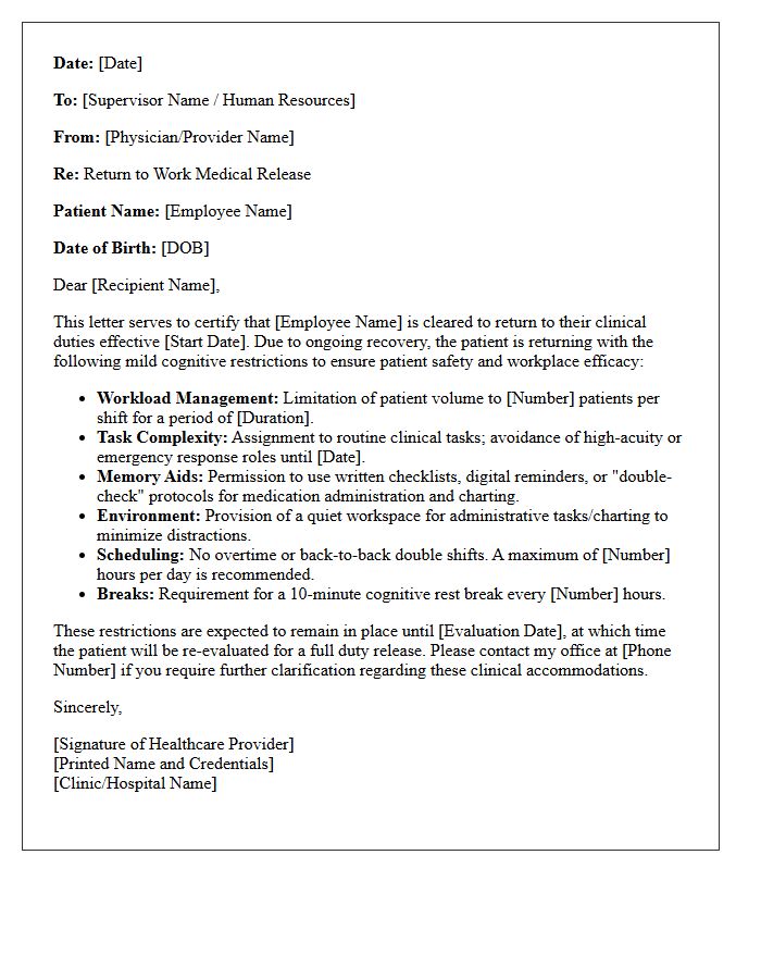 Return to Work with Mild Cognitive Restrictions Letter for Clinical Staff