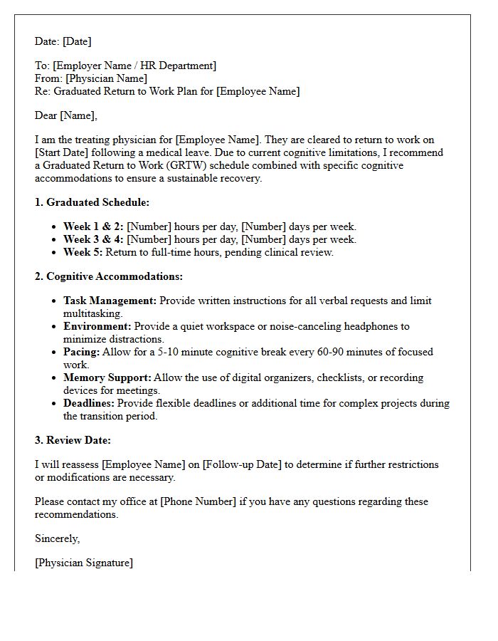 Graduated Return to Work with Cognitive Accommodations Letter for Physicians