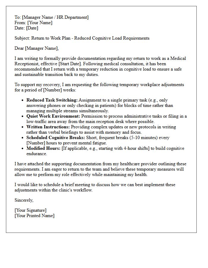 Medical Receptionist Return to Work with Reduced Cognitive Load Letter