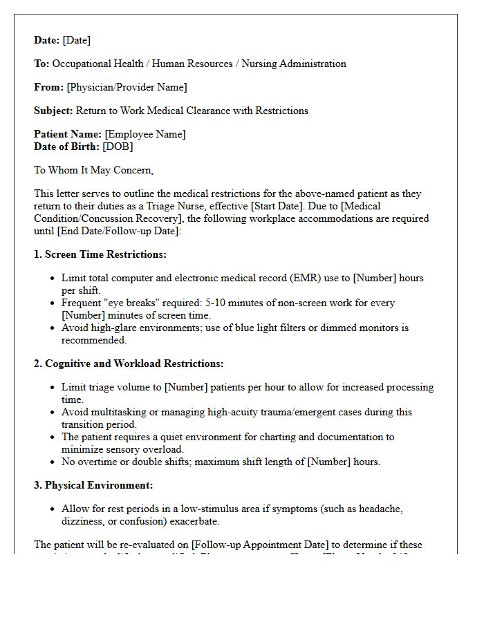 Return to Work with Screen Time and Cognitive Restrictions Letter for Triage Nurses