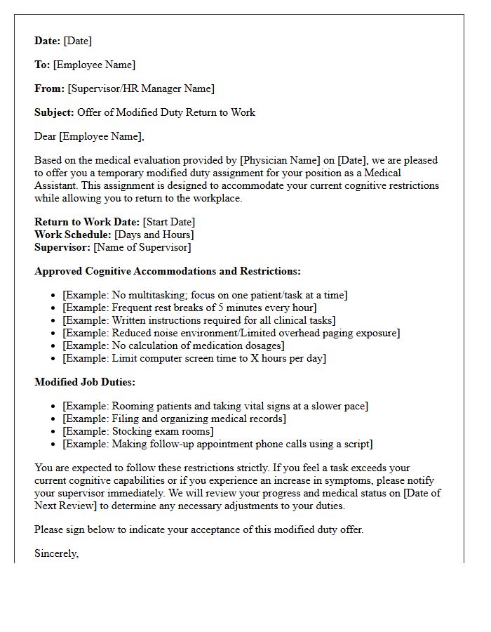 Modified Duty Return to Work with Cognitive Restrictions Letter for Medical Assistants