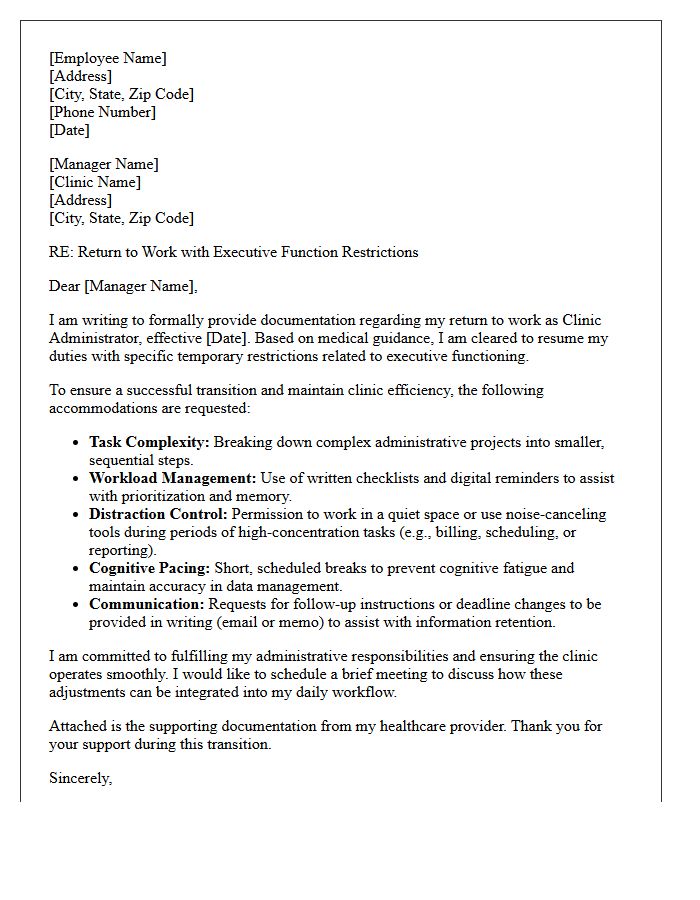 Clinic Administrator Return to Work with Executive Function Restrictions Letter