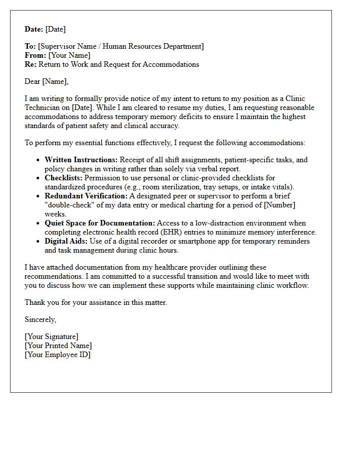 Return to Work with Memory Deficit Accommodations Letter for Clinic Technicians
