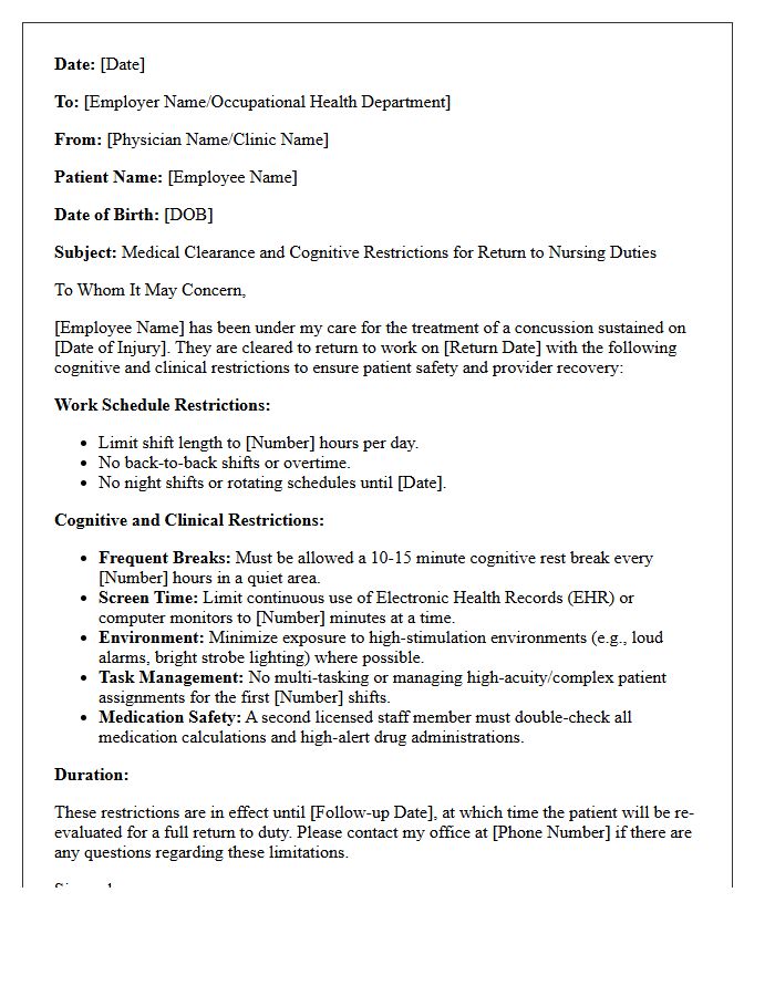 Post-Concussion Return to Work with Cognitive Restrictions Letter for Nursing Staff