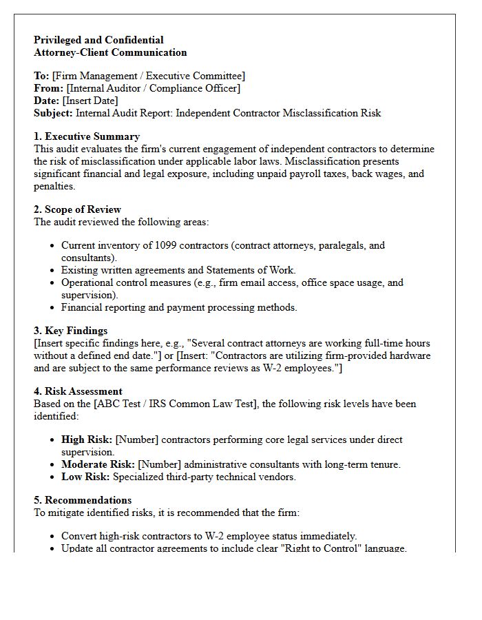 Internal Law Firm Audit Letter on Contractor Misclassification Risk