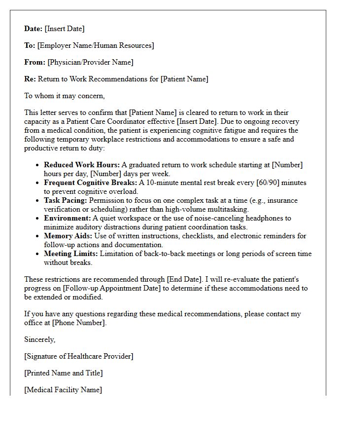 Return to Work with Cognitive Fatigue Restrictions Letter for Patient Care Coordinators
