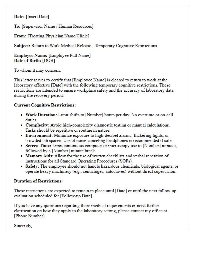 Temporary Cognitive Restriction Return to Work Letter for Laboratory Personnel