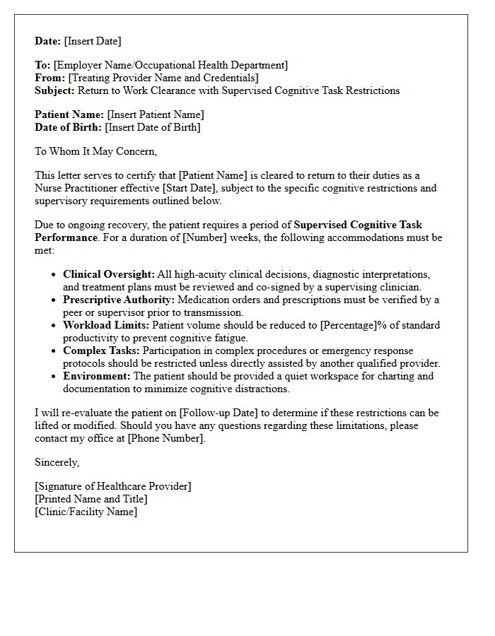 Return to Work with Supervised Cognitive Task Restrictions Letter for Nurse Practitioners