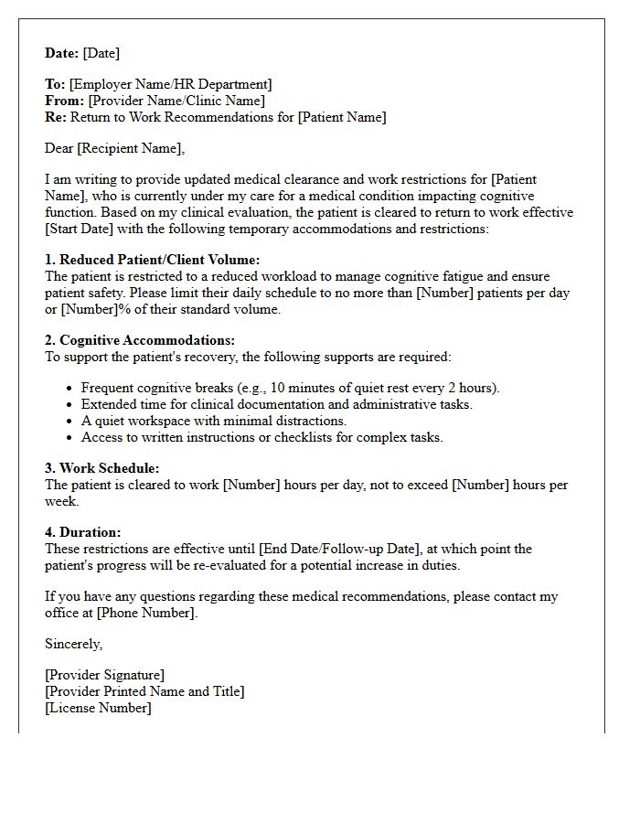 Reduced Patient Volume Return to Work with Cognitive Restrictions Letter for Providers