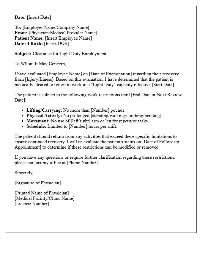 Clearance for Light Duty Employment Letter