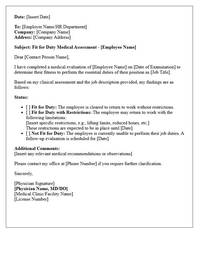 Fit for Duty Medical Assessment Letter