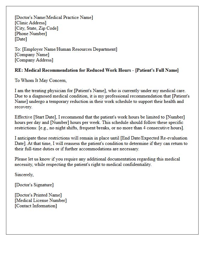 Medical Recommendation for Reduced Work Hours Letter