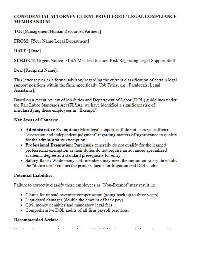 Legal Support Staff Misclassification Risk Warning Letter