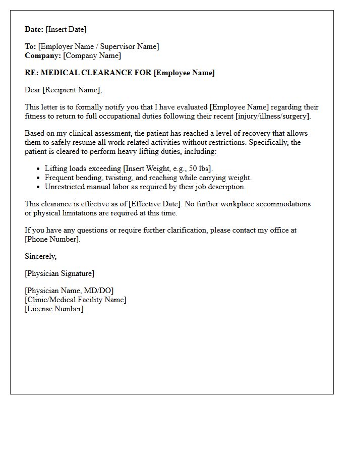 Clearance to Resume Heavy Lifting Duties Letter