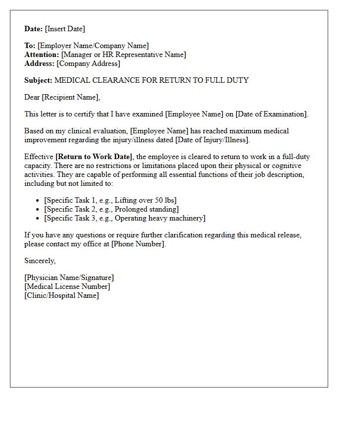 Clearance to Return to Full Duty Letter