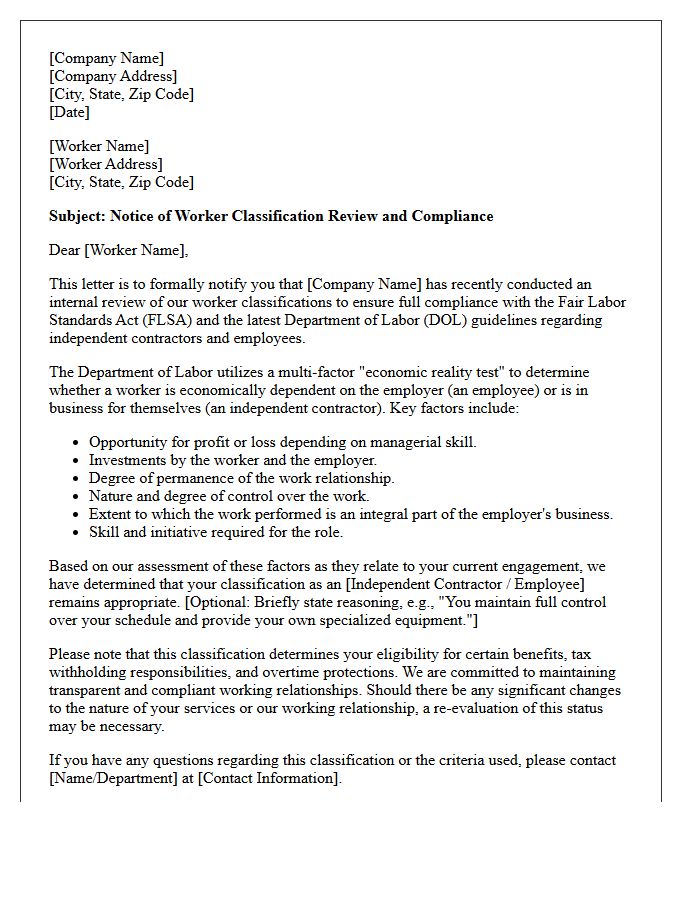 Department of Labor Misclassification Risk Compliance Letter