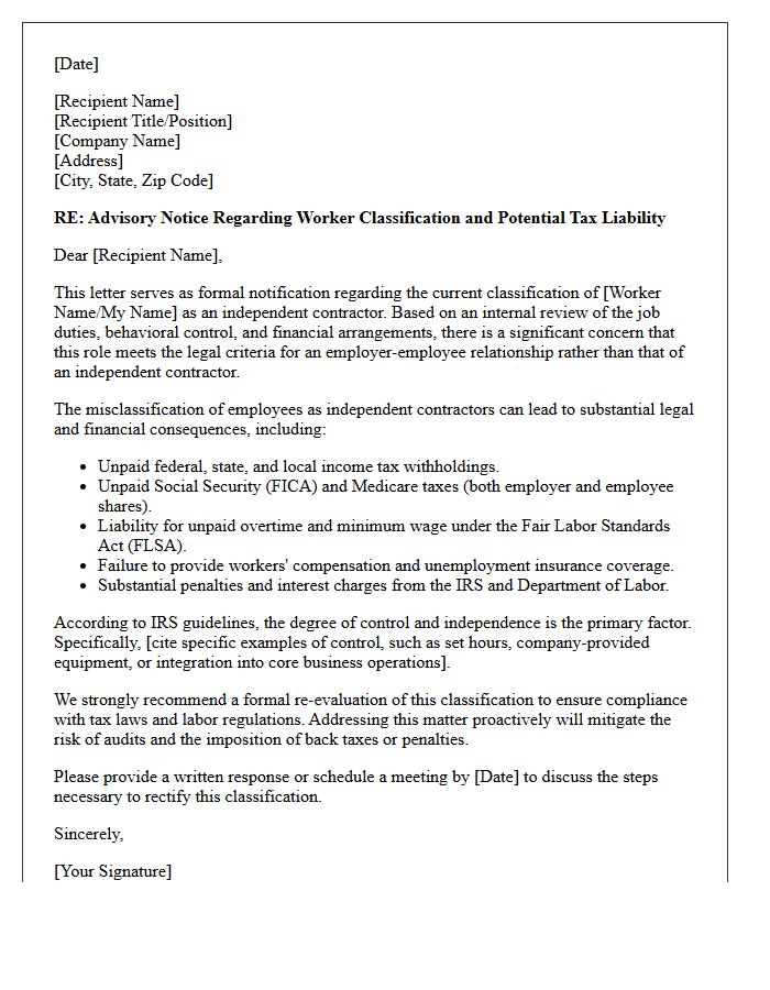 Tax Liability and Independent Contractor Misclassification Advisory Letter