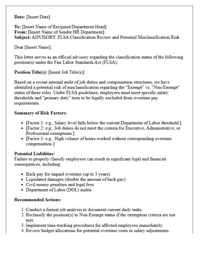 Fair Labor Standards Act Misclassification Risk Advisory Letter
