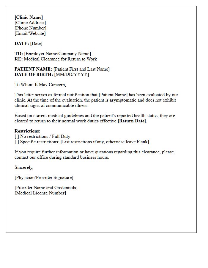 Medical Clinic Asymptomatic Return to Work Clearance Letter