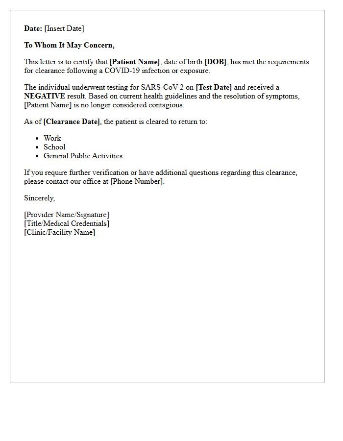 Post-COVID-19 Negative Test Result Clearance Letter