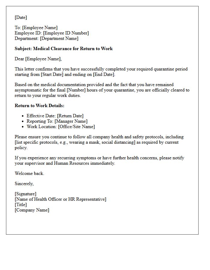 Employee Quarantine Completion Medical Clearance Letter