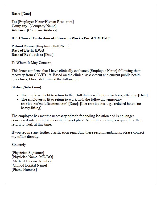 Clinical Evaluation Post-COVID-19 Fitness to Work Letter