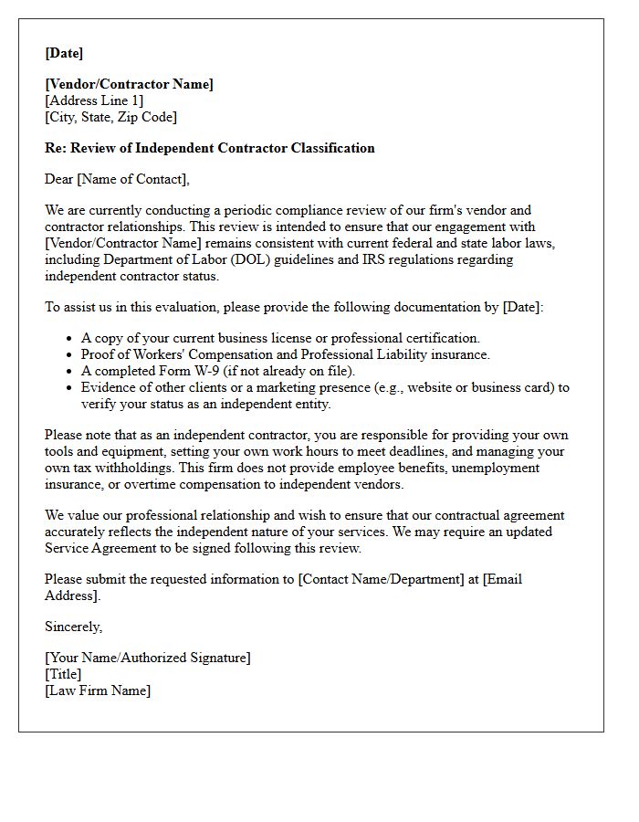 Law Firm Vendor and Contractor Misclassification Risk Letter