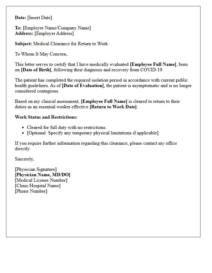 Essential Worker Post-COVID-19 Medical Clearance Letter