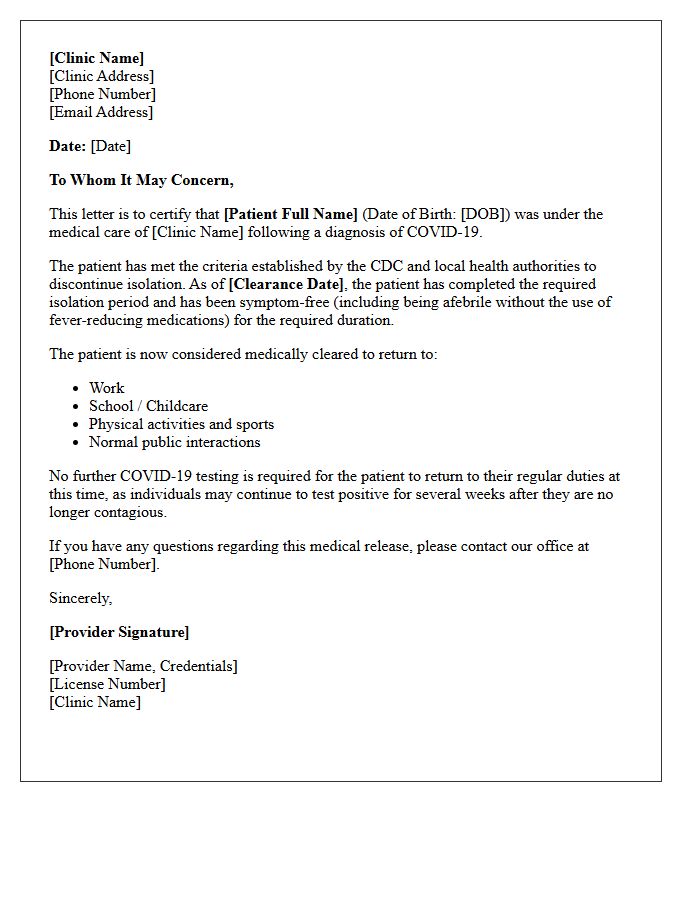 Healthcare Clinic Post-COVID-19 Medical Release Letter