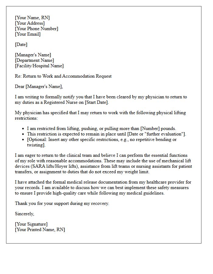 Return To Work Letter For Registered Nurse With Lifting Restrictions