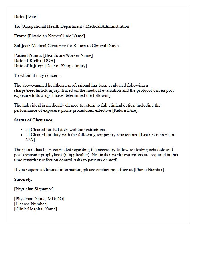 Physician Clearance Letter For Return To Clinical Duties Following Sharps Injury