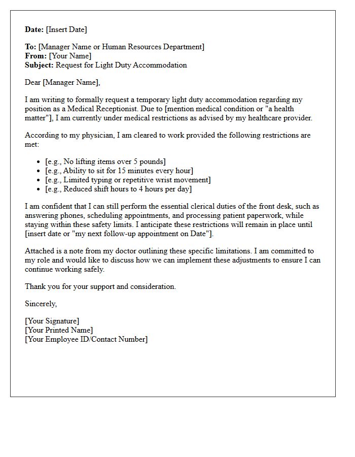 Light Duty Accommodation Letter For Medical Receptionist