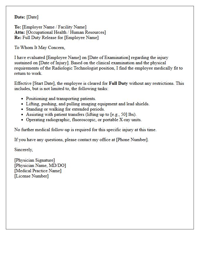 Full Duty Clearance Letter For Radiologic Technologist Post-Injury