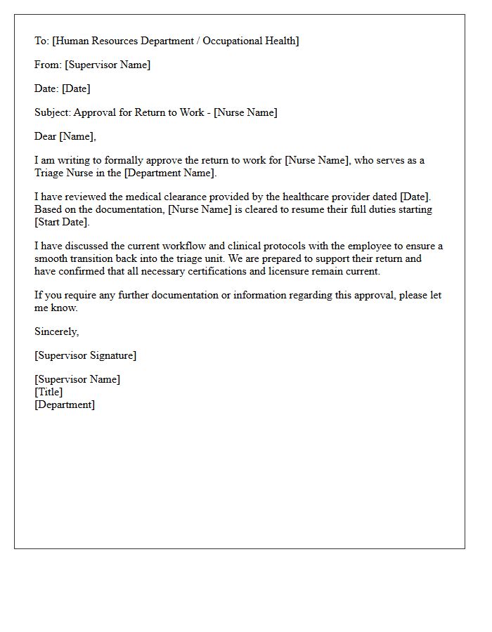 Supervisor Approval Letter For Triage Nurse Return To Work