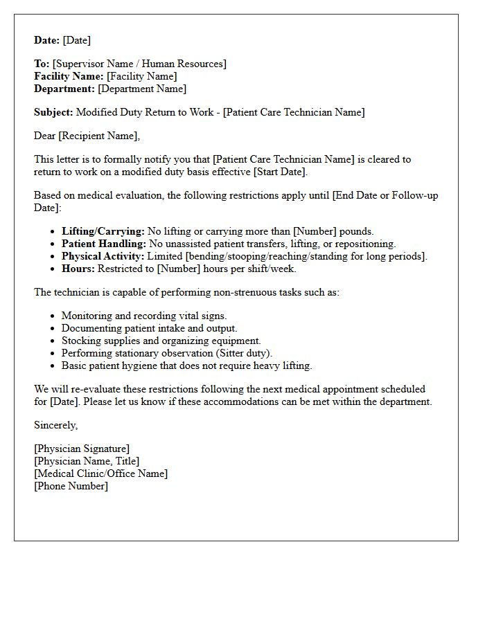 Patient Care Technician Modified Duty Return To Work Letter